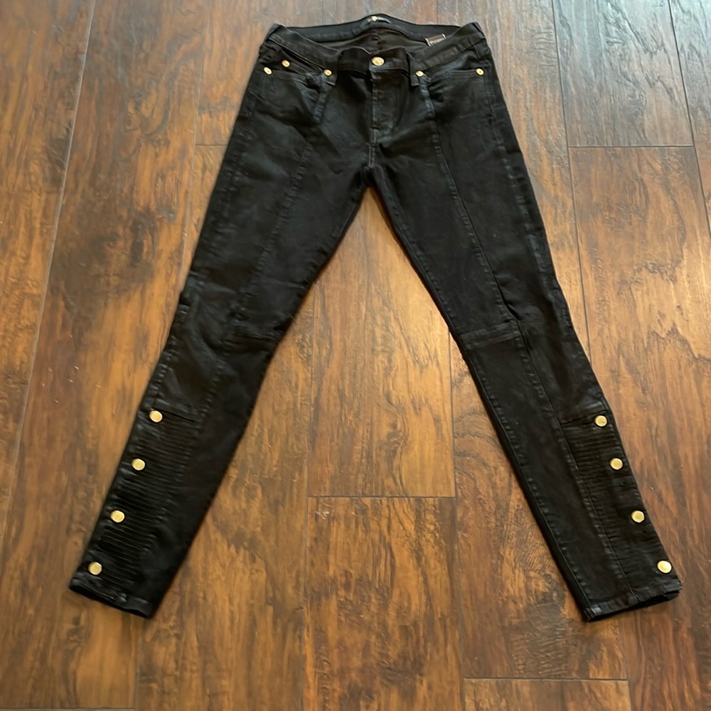 7 Seven for All Mankind Black Jeans with gold snaps up side of calves low rise